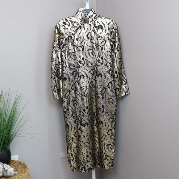 Vintage Handmade Gold & Black Lame Brocade Dress High Neck Long Sleeve Glam M/L - Picture 1 of 7